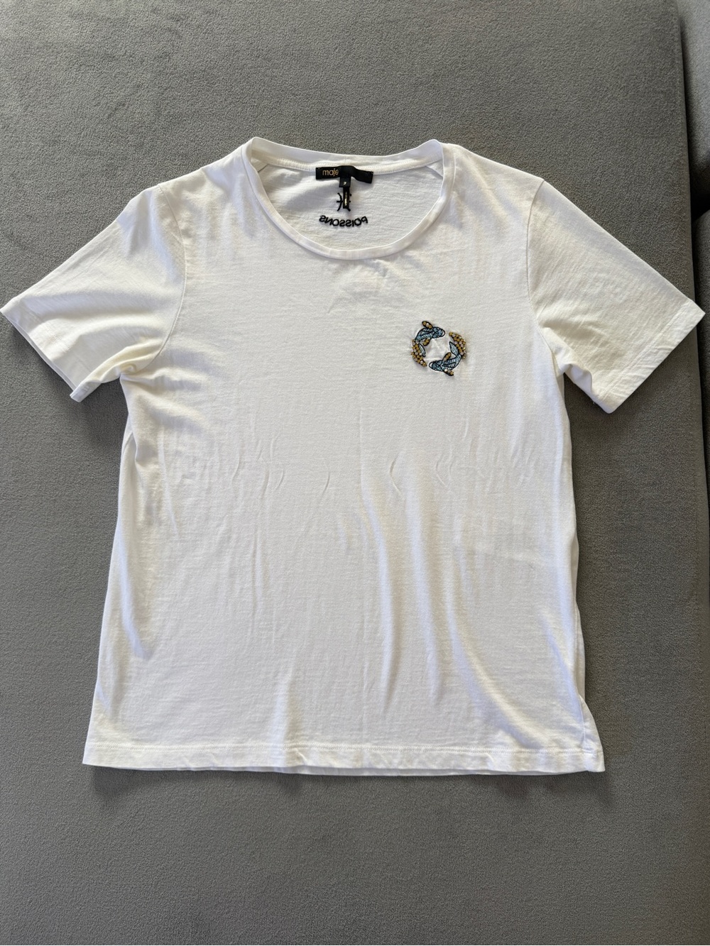 Maje Women’s Short Sleeve Cotton Tee White pisces Diamond Embroidered Size 2